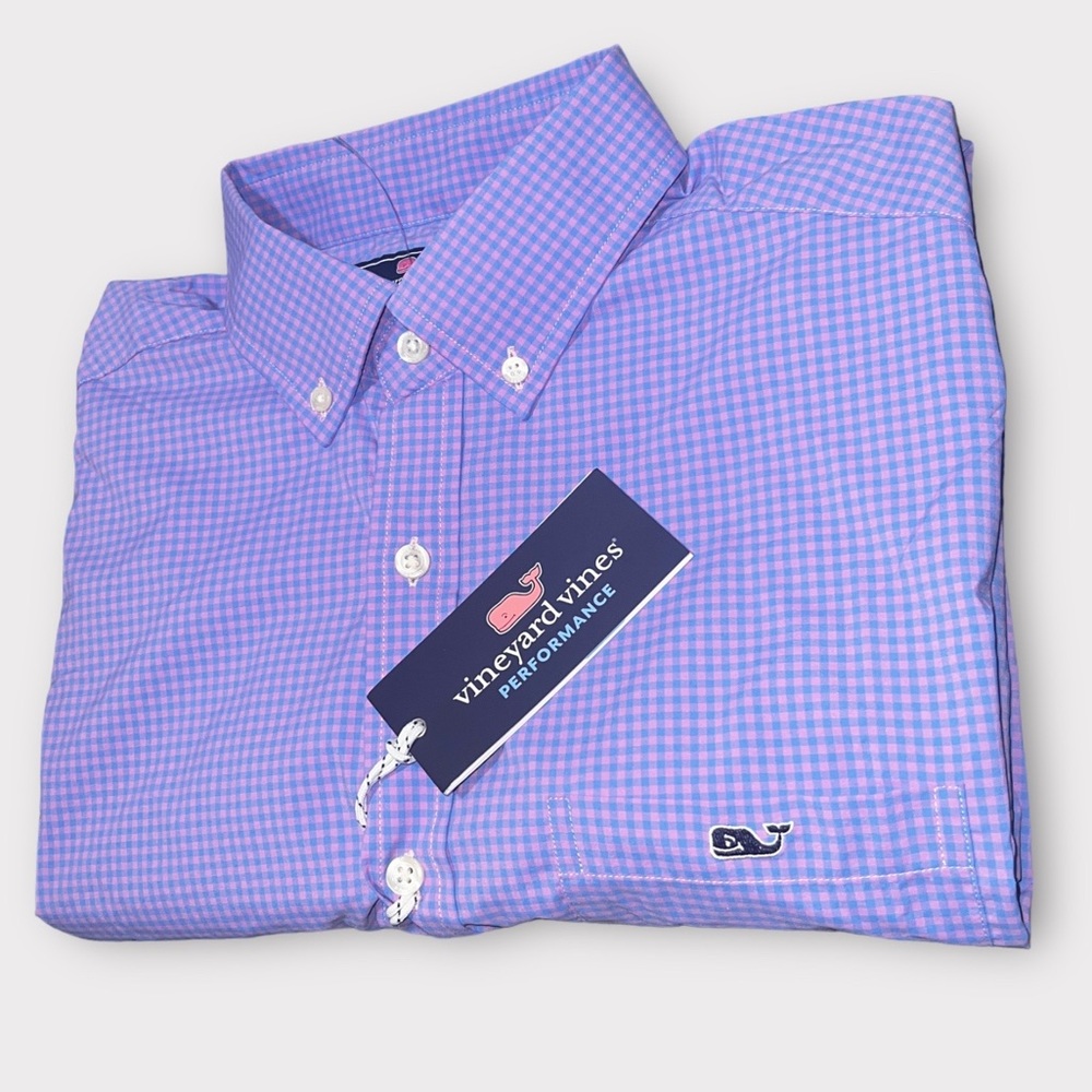 Vineyard Vines Purple and Pink Gingham Performance Button-Down Shirt - Picture 10 of 11